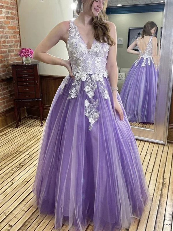 Casual Women’s Clothing V Neck and V Back Purple Lace Floral Prom Dresses, 3D Flower Purple Long Formal Evening Dresses