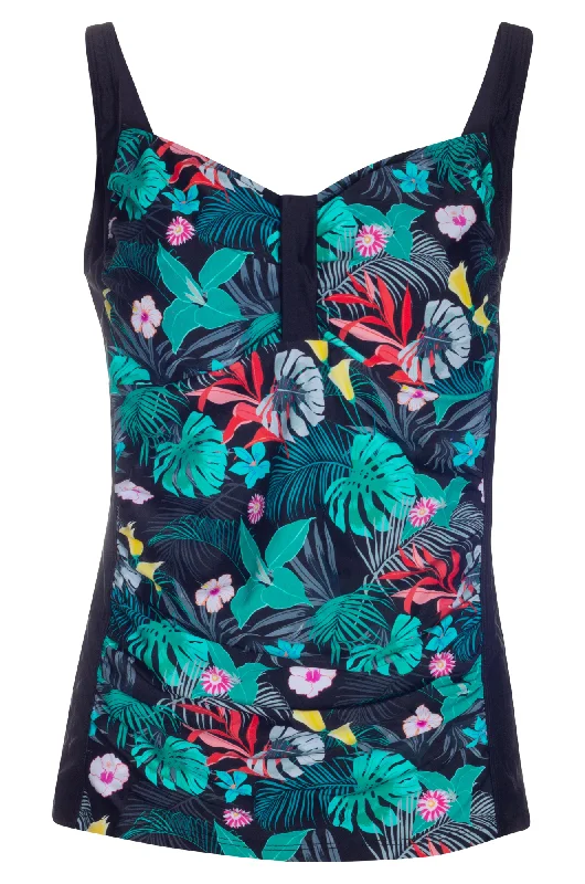 The Latest Trends Sweetheart neck Tankini Top | Green Blk Palms/Black | 0713YY