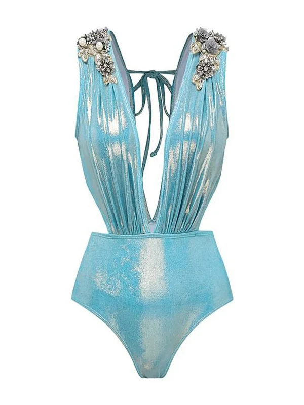 Timeless Elegance Blue 1930s Beading Shimmery One-Piece Swimsuit