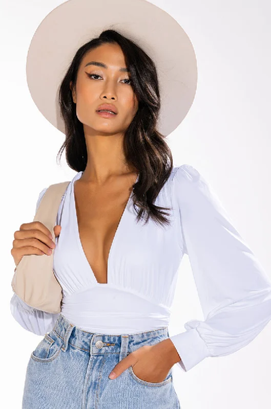 Fashionable Casual Tops ITS GETTING LATE LONG SLEEVE VNECK CHEEKY BODYSUIT