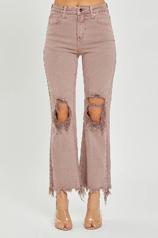 Elegant Women’s Clothing Distressed Straight Leg Mauve Jeans