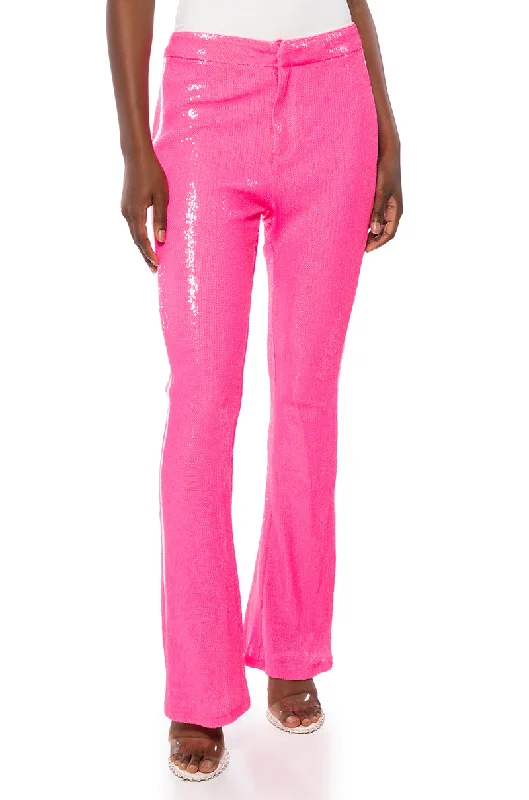 Fashionista Favorites GET DOWN ON IT SEQUIN FLARE TROUSER IN PINK