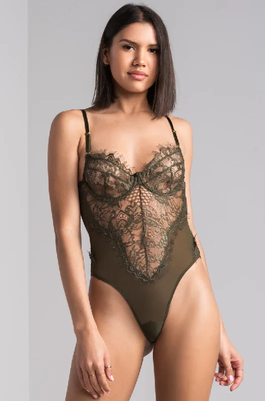 Odd Size Clearance Sale SEXY LACE DRESSY BODYSUIT OLIVE