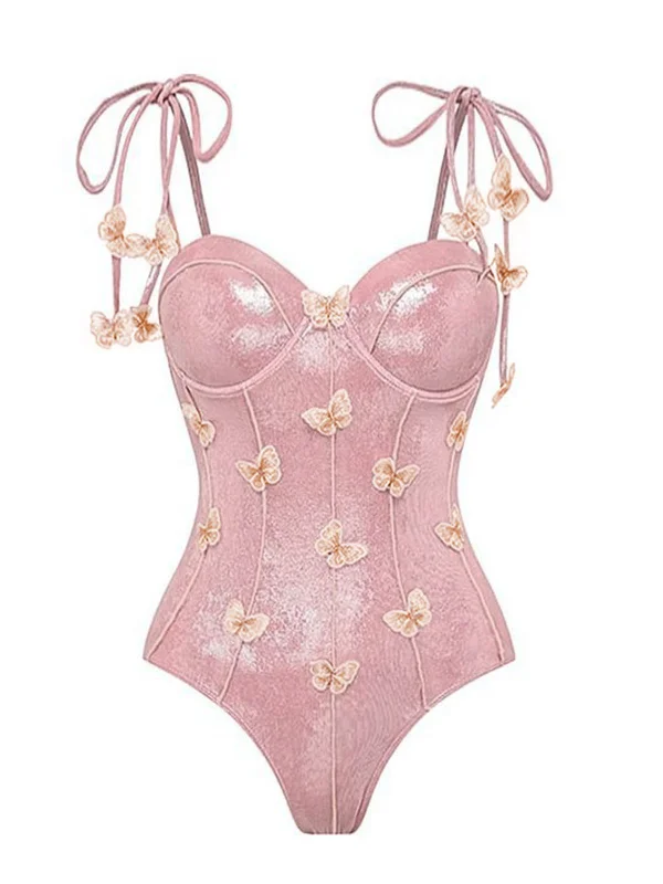 Eclectic Fashion Pink 1950s Shimmery 3D Butterflies One-Piece Swimsuit