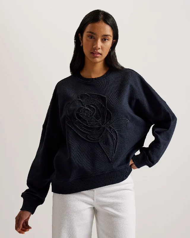 Pastel Styles Lotiss Embroidered Burnout Graphic Sweatshirt Navy