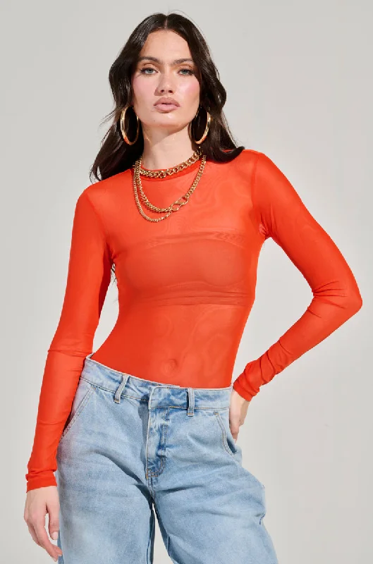 Trend Forward Threads For Her PAXTON MESH LONG SLEEVE CREW NECK BODYSUIT IN ORANGE