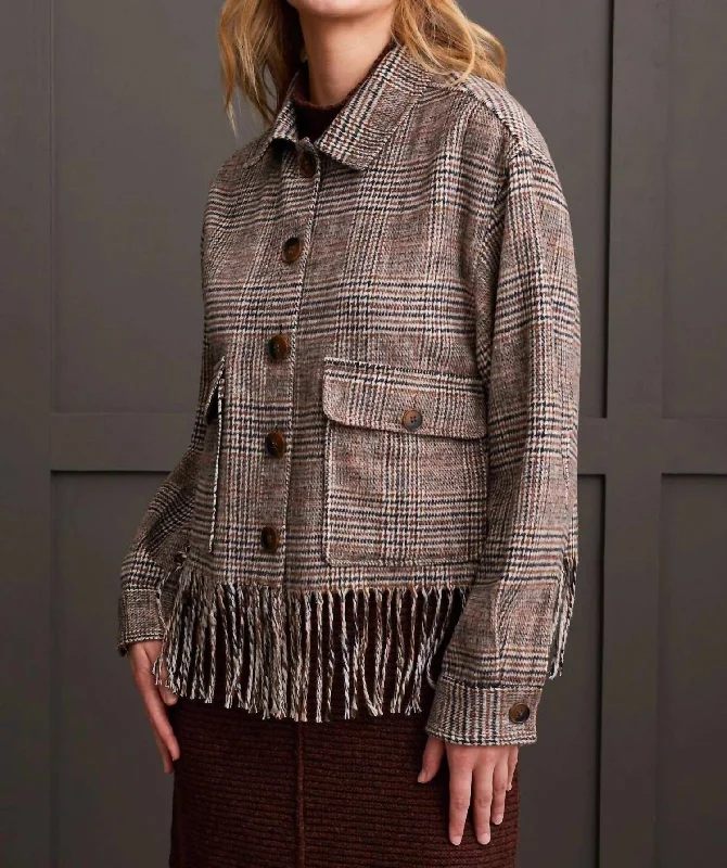 Evening Elegance Cropped Shacket With Fringe In Almond