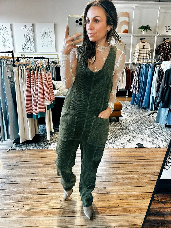 Women’s High Street Fashion Olive Corduroy Overalls -ALL SALES FINAL