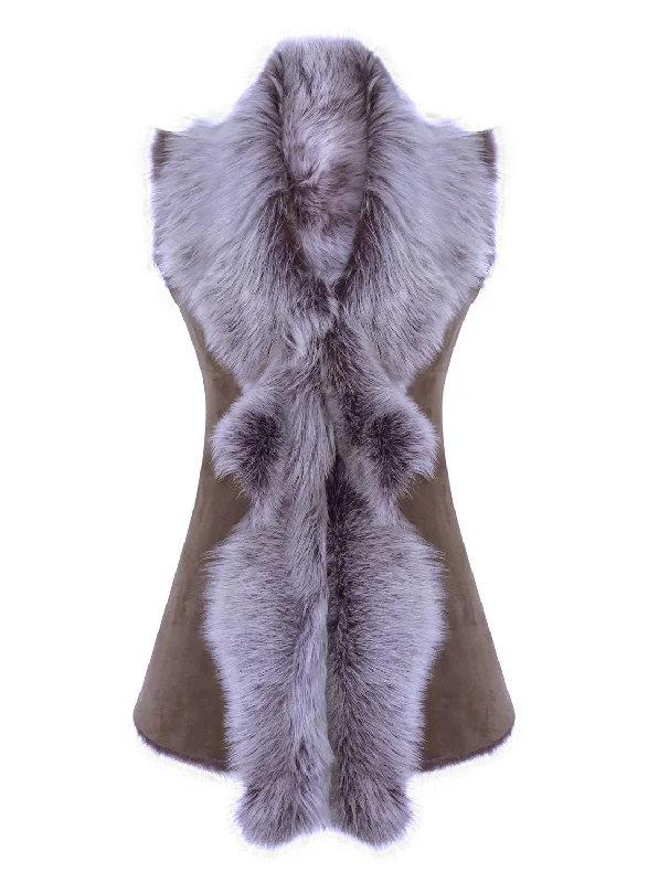 Casual Fashion Long Taupe Shearling Sheepskin Waistcoat