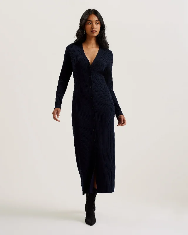 Trend Leading Collection Elmhaa Ribbed Knitted V Neck Maxi Cardigan Navy