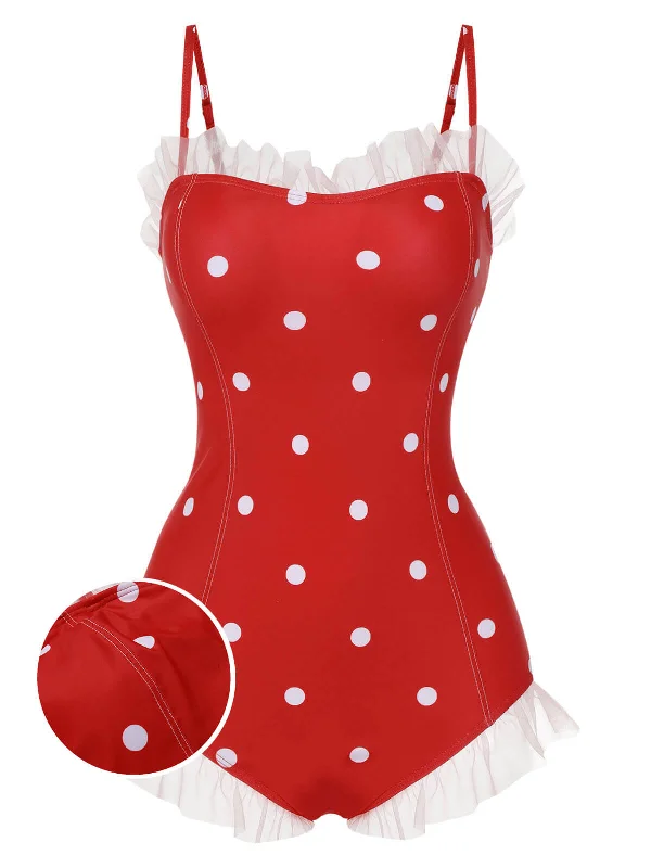 Chic Wardrobe Red 1950s Mesh Polka Dot Swimsuit