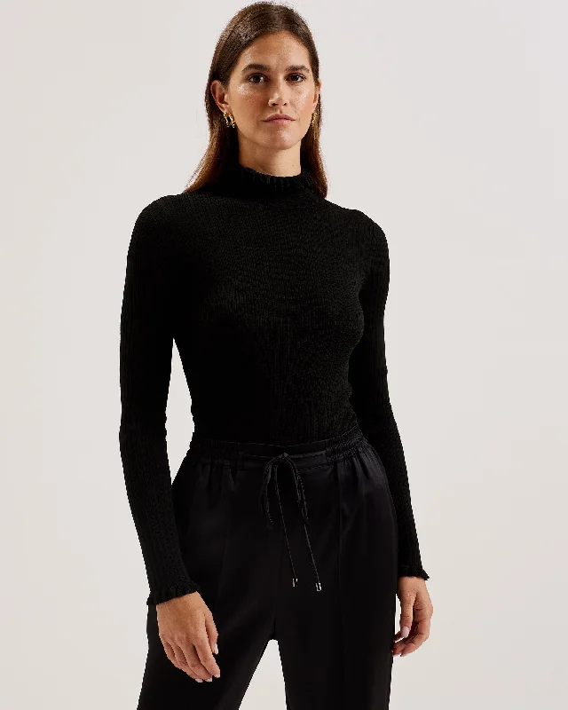 All Season Fashion Collection Janittt Rib Funnel Neck Frill Jumper Black