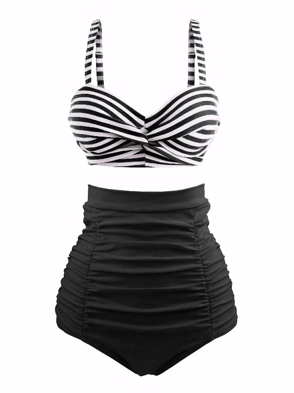 Trendy Street Style Clothing 1940s Striped Colorblock Vintage Bikini Set