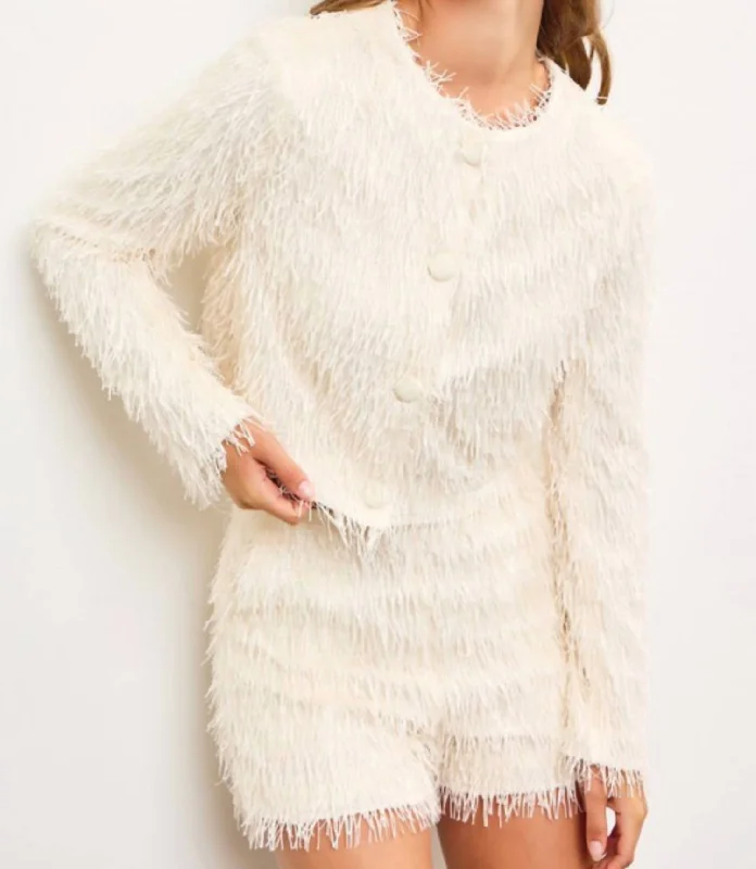 Trendy Outfits For Ladies Tweed Tinsel Fringe Crop Jacket In Cream