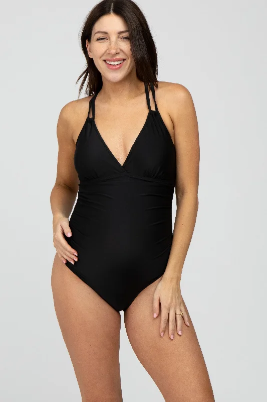 Comfortable Chic Black Ruched Side Strappy Cross Back Maternity One Piece Swimsuit