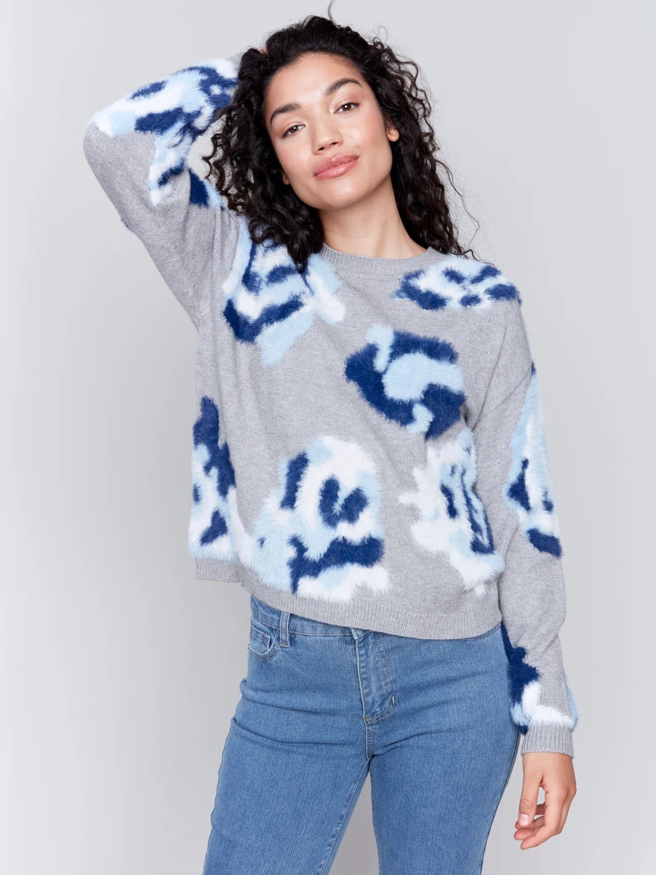 Gift Ideas Charlie B Hairy Yarn Floral Crew-Neck Drop-Shoulder Sweater - C2687-895A